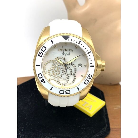 Invicta Women's Watch 0488 Angel Quartz Mother of Pearl Gold White Rubber Strap - Picture 13 of 14